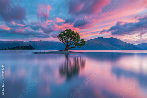 Stunning Long-Exposure Landscape of Wanaka Tree at Dusk