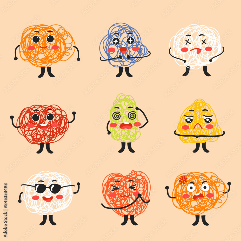 set of funny monsters or random scribble with various emoticon emoji isolated clipart vector set of funny monsters or random scribble with various emoticon emoji isolated clipart vector