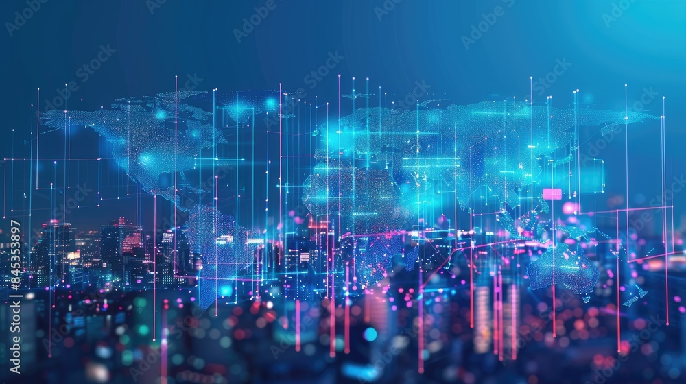 Abstract graphic digital world map hologram with connections skyscrapers background globalization concept. Multi exposure Abstract graphic digital world map hologram with connections skyscrapers background globalization concept. Multi exposure
