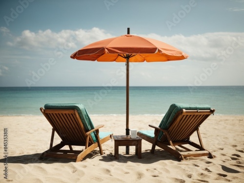 Beach chairs and umbrella on the shore of a beach