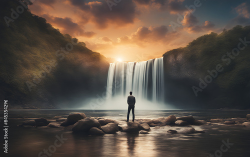 Man standing in front of a waterfall, sunrise, concept of overcoming obstacles in mental health photo