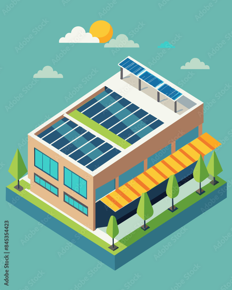Fototapeta premium The sleek modern design of the shopping center was enhanced by the addition of its rooftop solar panels a reminder of the importance of sustainability in the retail industry.. Vector illustration