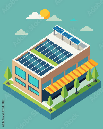 The sleek modern design of the shopping center was enhanced by the addition of its rooftop solar panels a reminder of the importance of sustainability in the retail industry.. Vector illustration