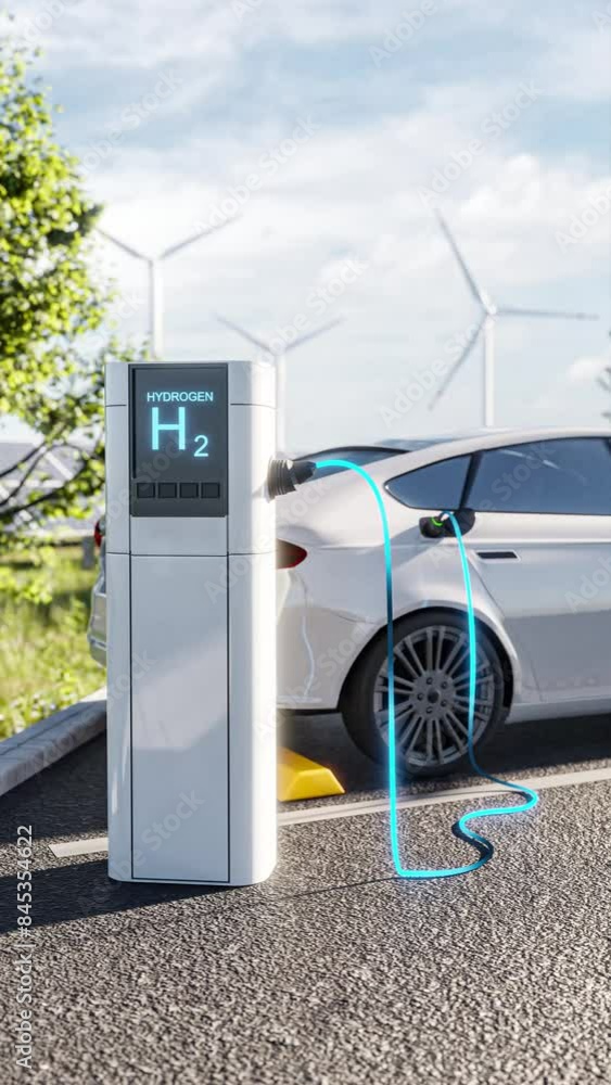 Electric car charging at a hydrogen station, with wind turbines in the background. The footage shows modern, eco-friendly transportation. Vertical video for social media and smartphone screens. Electric car charging at a hydrogen station, with wind turbines in the background. The footage shows modern, eco-friendly transportation. Vertical video for social media and smartphone screens.