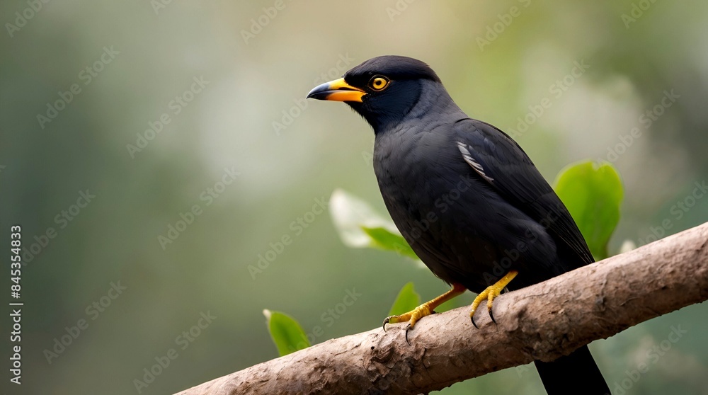 Beautiful black myna bird on a branch Beautiful black myna bird on a branch