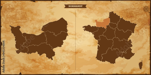 Normandy state map, France map with federal states in A vintage map based background, Political France Map