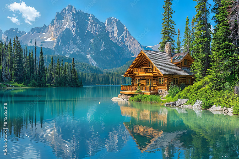 Obraz premium A cottage by a beautiful and clean lake high in the mountains