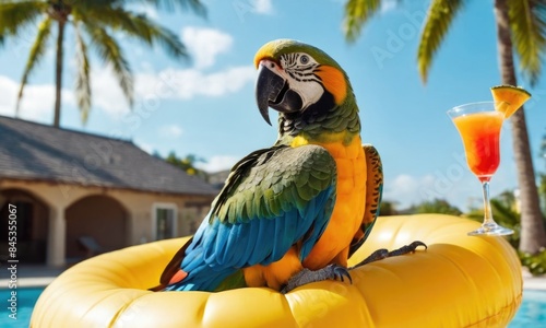 Parrot Ara enjoying summer vibes on a yellow inflatable ring in a pool, sipping a cocktail . Close-up with copy space, perfect for vacation and holiday themes. photo