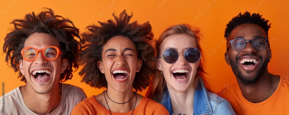 emotion happiness orange background A group of friends laughing together on an orange background, free space for text emotion happiness orange background A group of friends laughing together on an orange background, free space for text