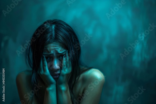 emotion jealousy dark teal background A person looking jealous on a dark teal background, free space for text photo