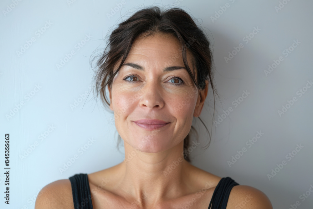 A close up portrait of a woman with a subtle smile A close up portrait of a woman with a subtle smile