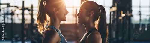 Friends encouraging each other during a workout, copy space, motivation and care, whimsical, overlay, gym backdrop