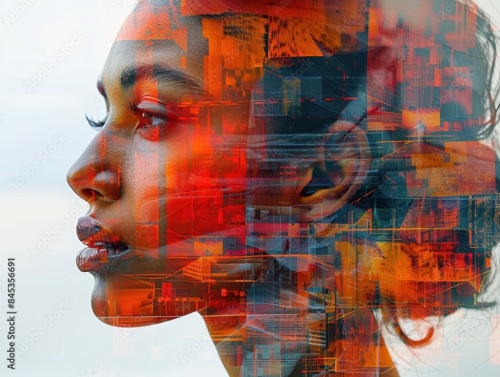 Abstract Digital Art Portrait of a Woman with Futuristic Geometric Patterns and Vibrant Colors, Blending Technology and Human Elements in a Modern, Artistic Composition Abstract Digital Art Portrait of a Woman with Futuristic Geometric Patterns and Vibrant Colors, Blending Technology and Human Elements in a Modern, Artistic Composition