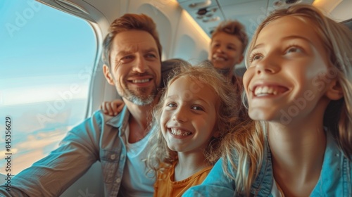 A family of four is sitting in an airplane  with a man