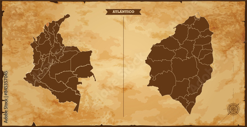 Atlántico state map, Colombia map with federal states in A vintage map based background, Political Colombia Map