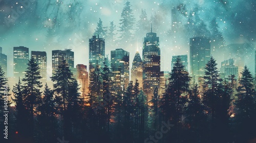 Mystical Urban Forest: Enchanting Cityscape with Illuminated Skyscrapers and Ethereal Trees Under a Starry Night Sky © TPS Studio