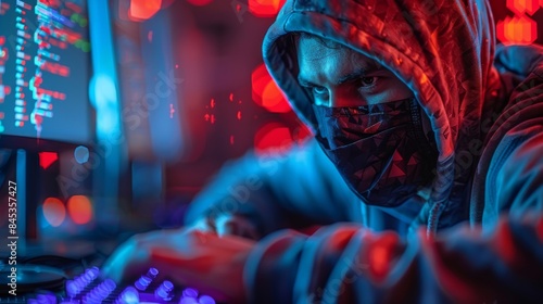 A hooded figure with an obscured face uses a computer, set against neon lights