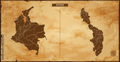 Bolívar state map, Colombia map with federal states in A vintage map based background, Political Colombia Map
