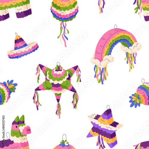 Pinata pattern. Seamless background, colorful Mexican party toys, paper art for holiday celebration. Mexico fiesta, carnival decoration, endless texture, repeatable design. Flat vector illustration
