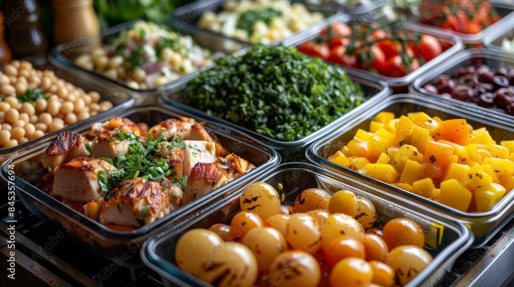An array of prepped meals in individual containers, showcasing healthy meal prep options and variety An array of prepped meals in individual containers, showcasing healthy meal prep options and variety