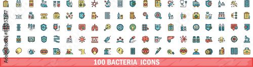 100 bacteria icons set. Color line set of bacteria vector icons thin line color flat on white