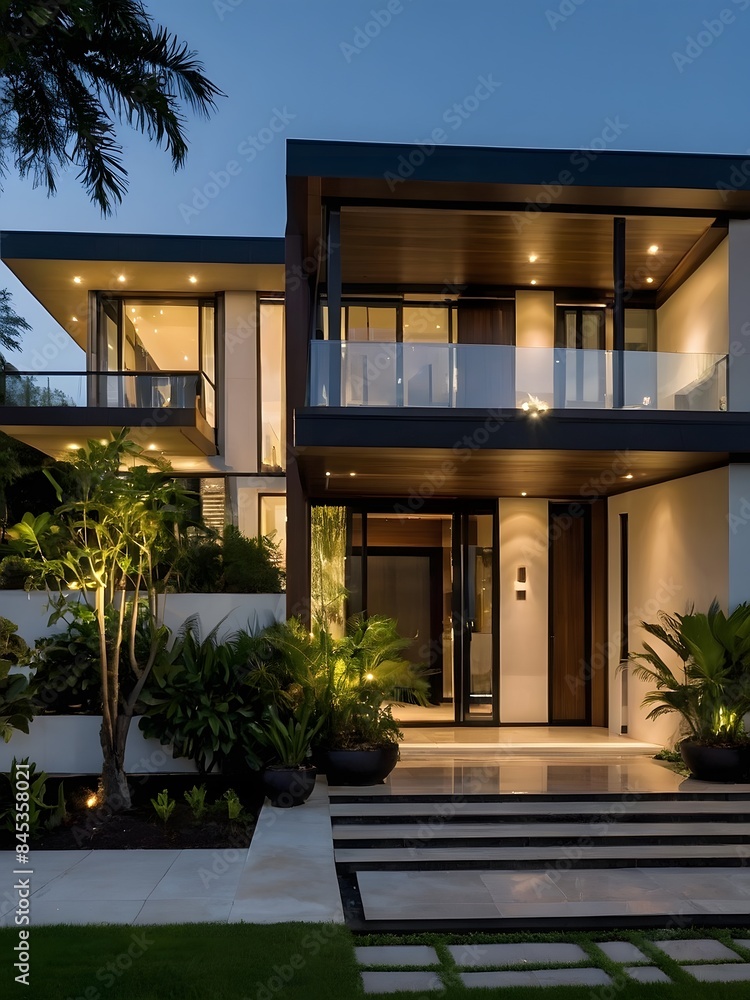 Fototapeta premium A modern villa exterior with a sleek and contemporary design with clean lines and large windows in Florida. Tropical landscaping with palm trees, colorful flowers, and lawns, 3D render