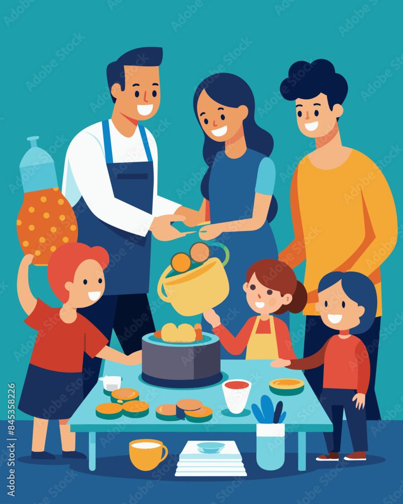 The Garcia family organizes a potluckstyle financial meeting where each family member brings a dish and shares tips for saving money in their household.. Vector illustration The Garcia family organizes a potluckstyle financial meeting where each family member brings a dish and shares tips for saving money in their household.. Vector illustration