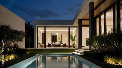 A modern villa exterior with a sleek and contemporary design with clean lines and large windows in Florida. Tropical landscaping with palm trees, colorful flowers, and lawns, 3D render