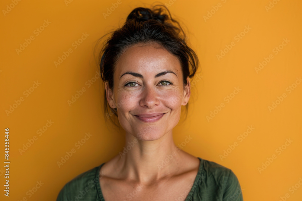 A close up portrait of a woman with a subtle smile A close up portrait of a woman with a subtle smile