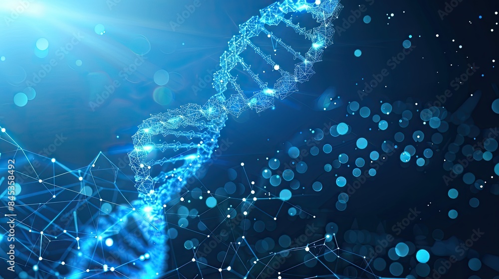 polygonal wireframe DNA molecule helix spiral on blue. gene cell concept polygonal wireframe DNA molecule helix spiral on blue. gene cell concept