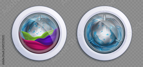 Washing machine drum with clothes and empty with water. Vector templates isolated on transparent background