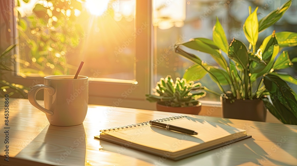 Fototapeta premium work space at sunset Open notebook coffee cup pen green plant on table work desk