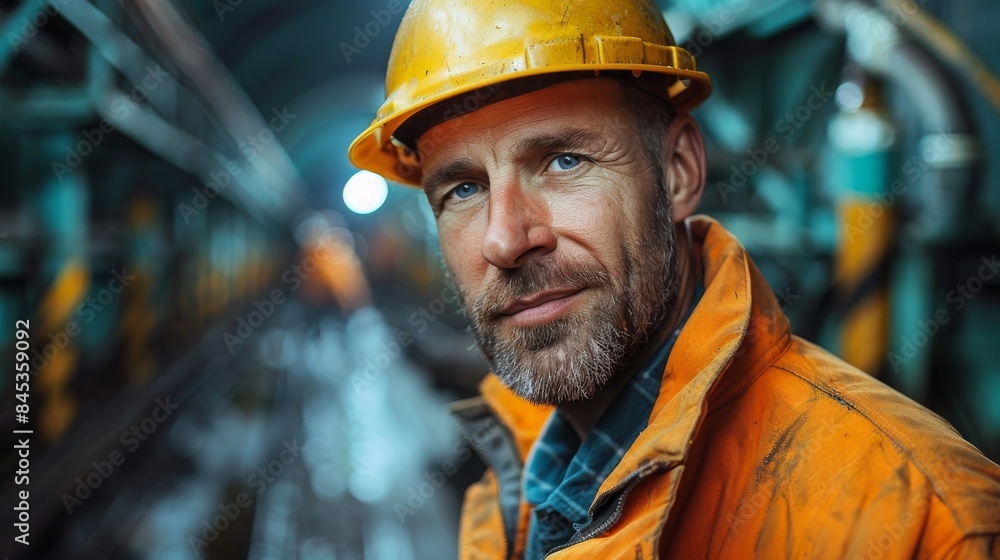 A male construction worker in safety gear shows confidence and expertise amidst an industrial site A male construction worker in safety gear shows confidence and expertise amidst an industrial site