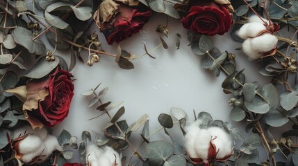 Dried eucalyptus branches roses and cotton make up a border frame
