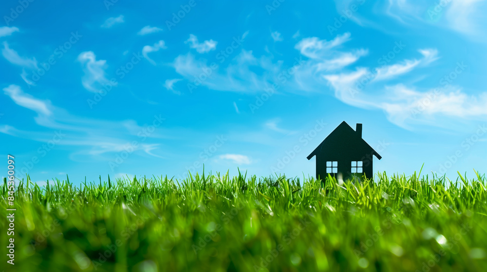Silhouette of a house on a grassy field under a bright blue sky with wispy clouds, representing home and nature. Silhouette of a house on a grassy field under a bright blue sky with wispy clouds, representing home and nature.