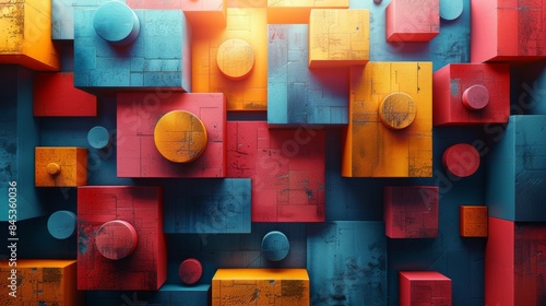 Dynamic image featuring a composition of 3D blocks and cylinders in vivid colors