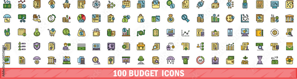 100 budget icons set. Color line set of budget vector icons thin line color flat on white 100 budget icons set. Color line set of budget vector icons thin line color flat on white