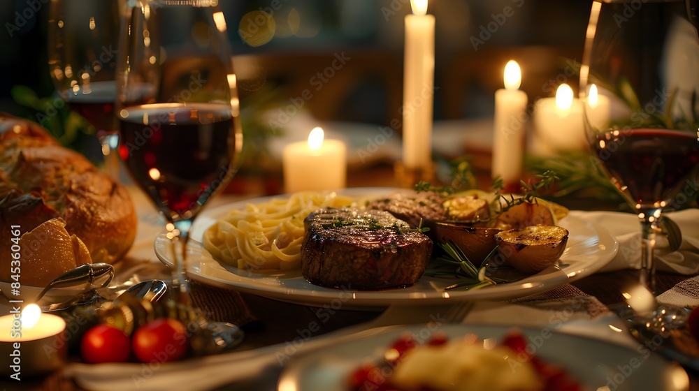 Elegant Gourmet Dinner Setting with Candles and Fine Dining Presentation Elegant Gourmet Dinner Setting with Candles and Fine Dining Presentation