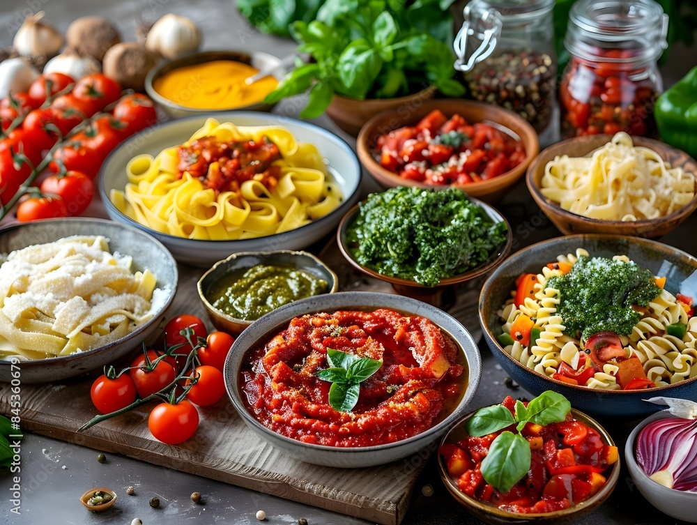 Vibrant Homemade Italian Dinner Spread with Flavorful Pasta and Sauces Food Presentation Concept Vibrant Homemade Italian Dinner Spread with Flavorful Pasta and Sauces Food Presentation Concept