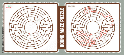 Round maze isolated on soft color backgrounds with solutions image. Circular labyrinth gaming maze. Vector illustration