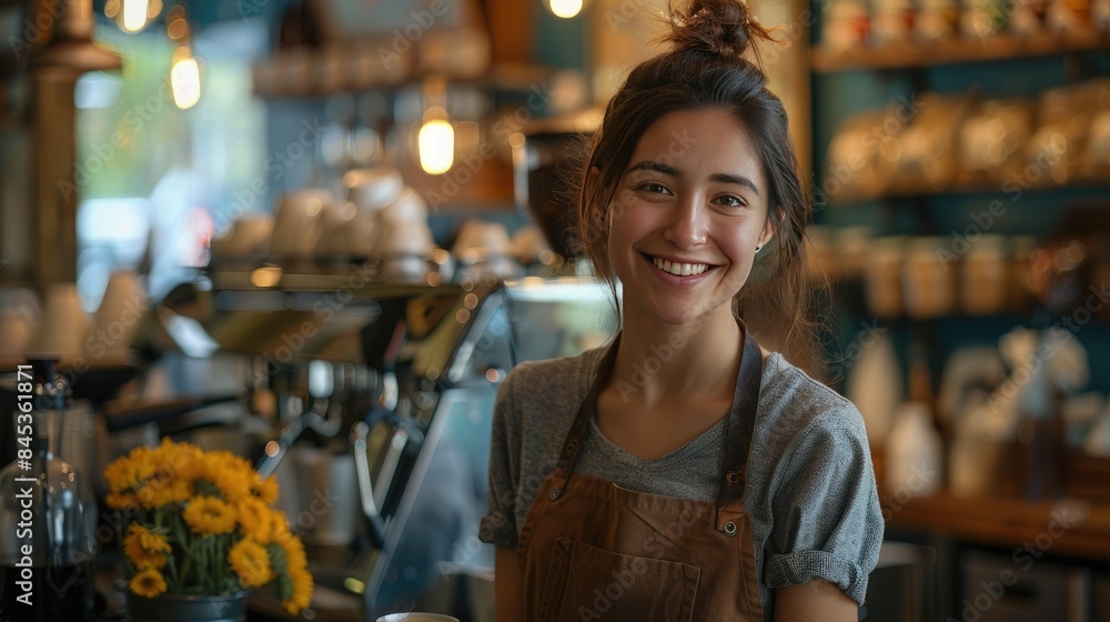Smiling female barista in a cozy coffee shop wearing apron, standing behind the counter with coffee machine and flowers in background. Smiling female barista in a cozy coffee shop wearing apron, standing behind the counter with coffee machine and flowers in background.