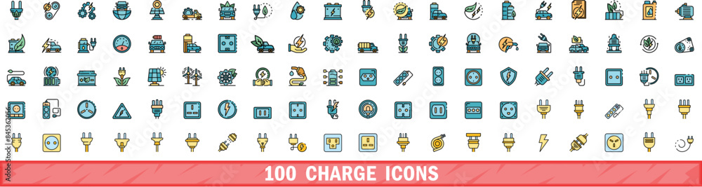 100 charge icons set. Color line set of charge vector icons thin line color flat on white 100 charge icons set. Color line set of charge vector icons thin line color flat on white
