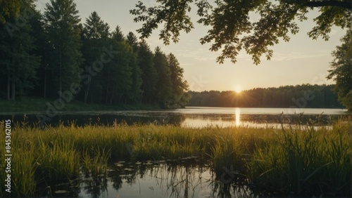 Tranquil sunset over a lake, flanked by lush greenery and mirrored waters, encapsulating the essence of serenity.