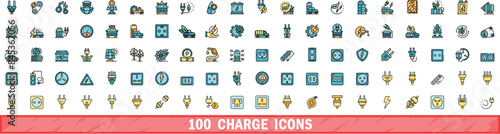 100 charge icons set. Color line set of charge vector icons thin line color flat on white