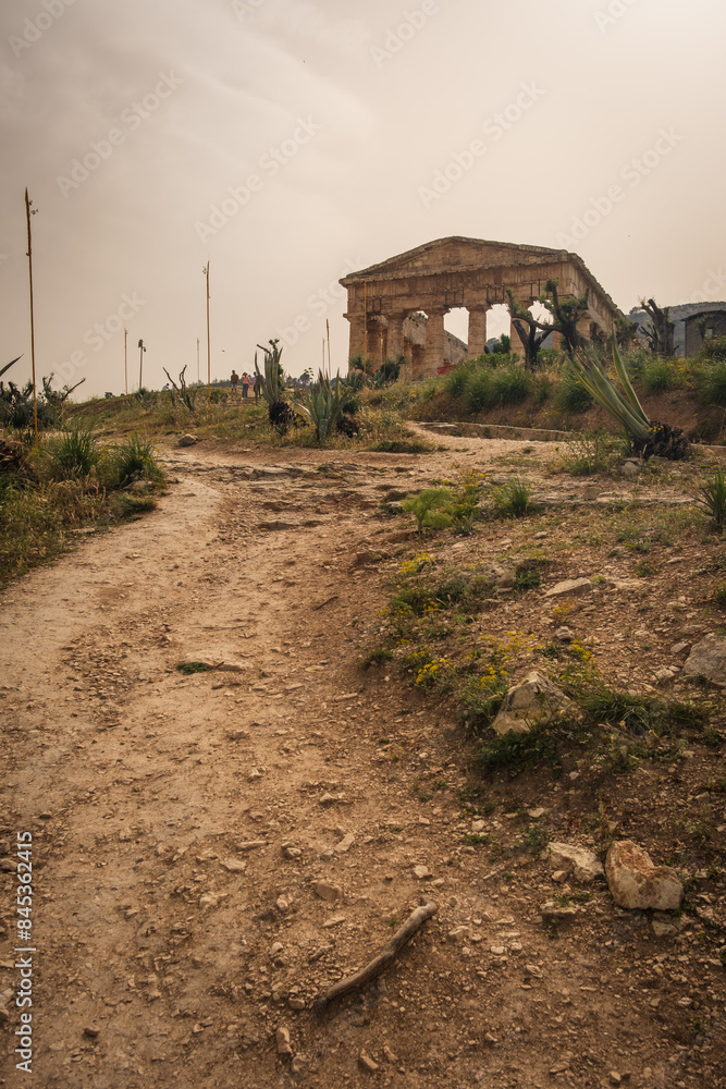 Fototapeta premium vertical of Archaeological Park of Segesta ruins in Sicily , temple Italy at sunset 