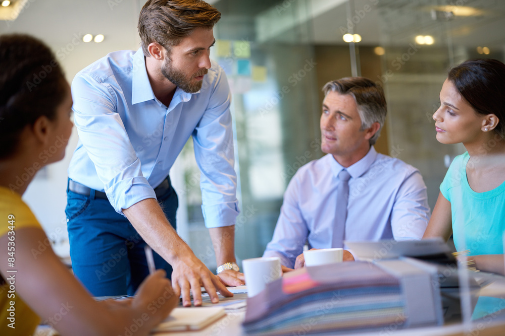 Fototapeta premium Negotiation, meeting or discussion with business people in office for planning, teamwork and collaboration. Communication, group or staff in workplace talk for deal, project review or b2b brainstorm