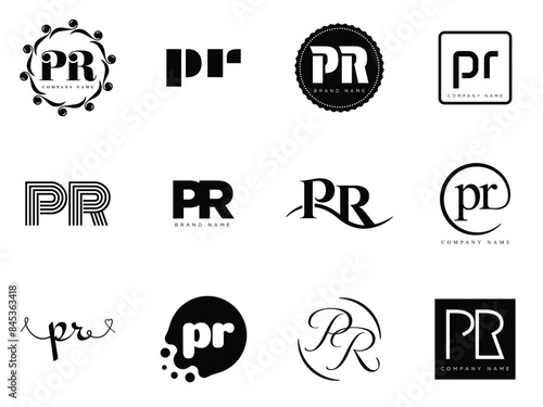 PR logo company template. Letter p and r logotype. Set different classic serif lettering and modern bold text with design elements. Initial font typography.