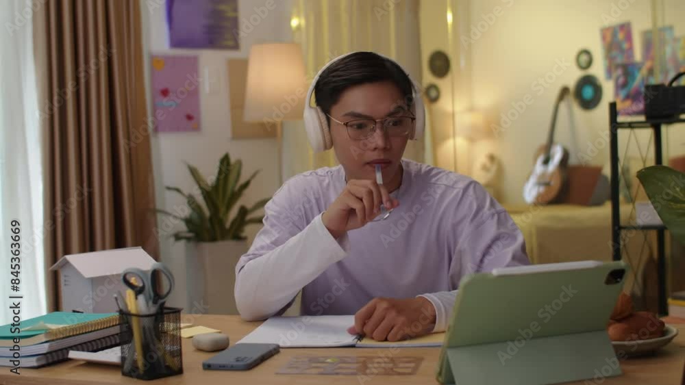 Medium shot of serious Asian teenage student wearing headphones when doing homework and looking at digital tablet at desk Medium shot of serious Asian teenage student wearing headphones when doing homework and looking at digital tablet at desk