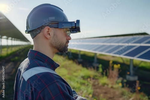 A worker wearing safety glasses inspects a solar panel farm on a sunny day. © AiHRG Design