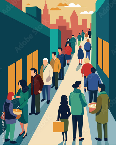 The bustling city street was interrupted by the long line of people waiting for food bank assistance.. Vector illustration